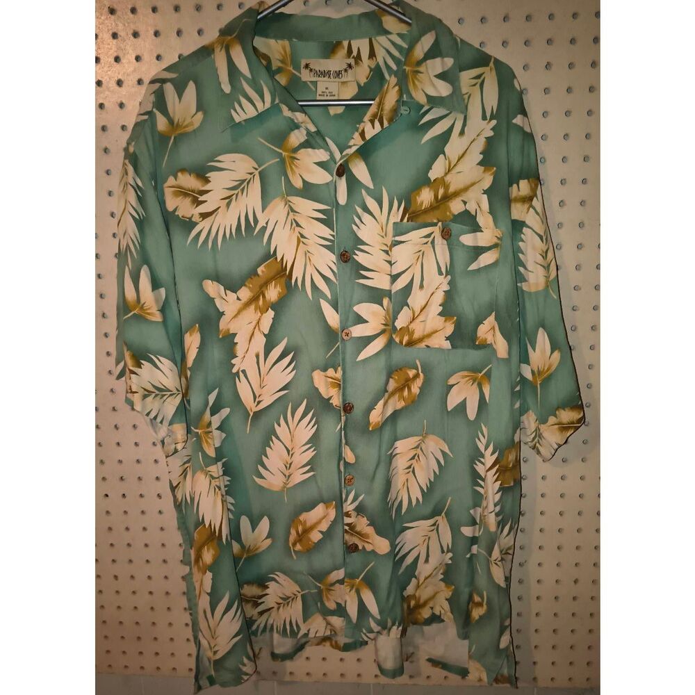Paradise Coves 100% silk Hawaiian shirt vintage tropical leaf floral prints Size